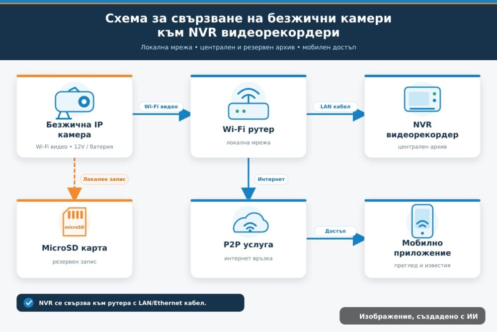 Схема за свързване на безжични камери към NVR видеорекордери